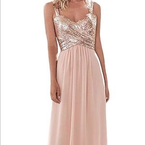 Rose gold chiffon dress.